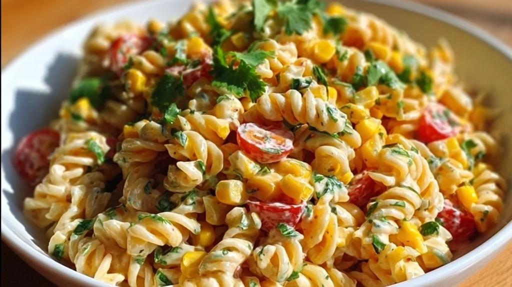 Delicious street corn pasta salad served in a bowl with fresh ingredients.