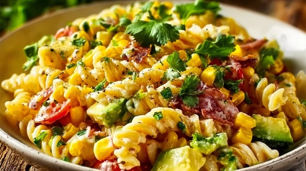 Delicious Street Corn Pasta Salad with fresh ingredients in a colorful bowl.