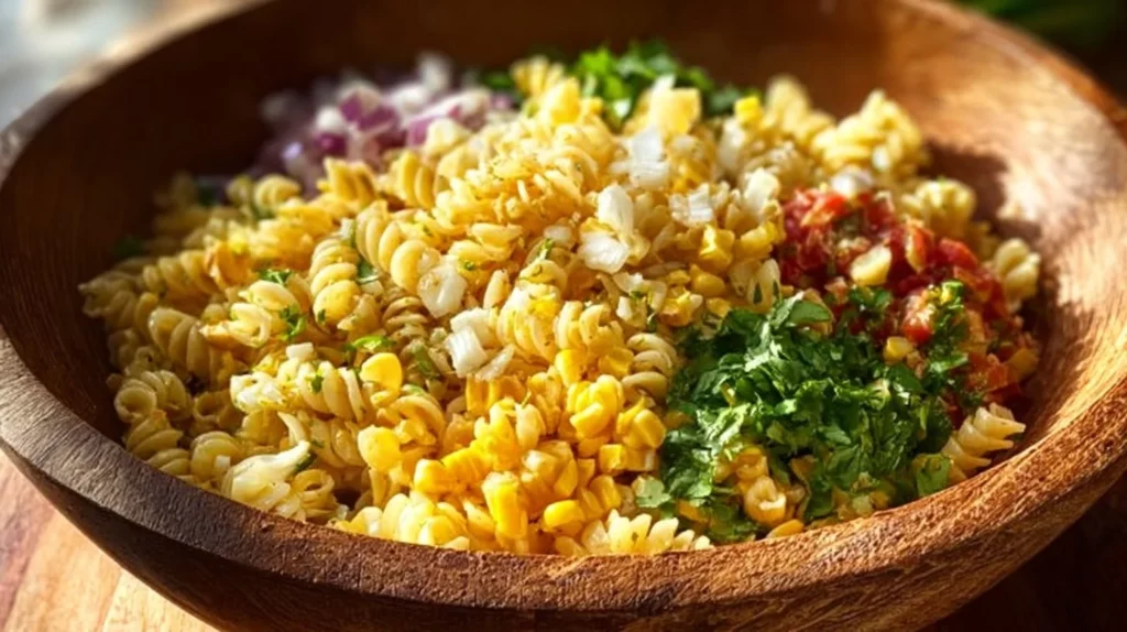 Delicious Street Corn Pasta Salad with fresh ingredients and vibrant colors.