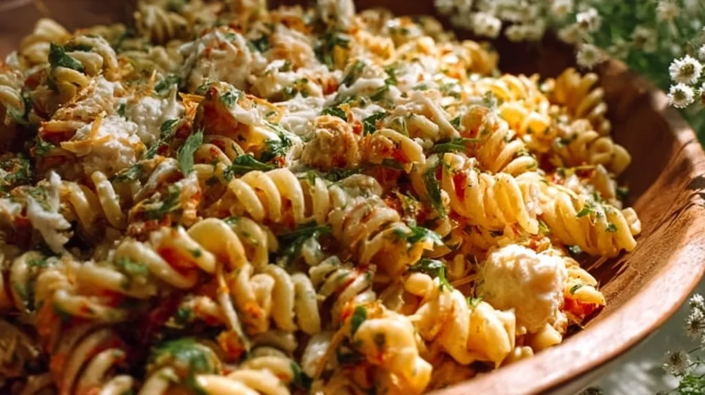 Delicious street corn pasta salad with fresh ingredients and vibrant colors