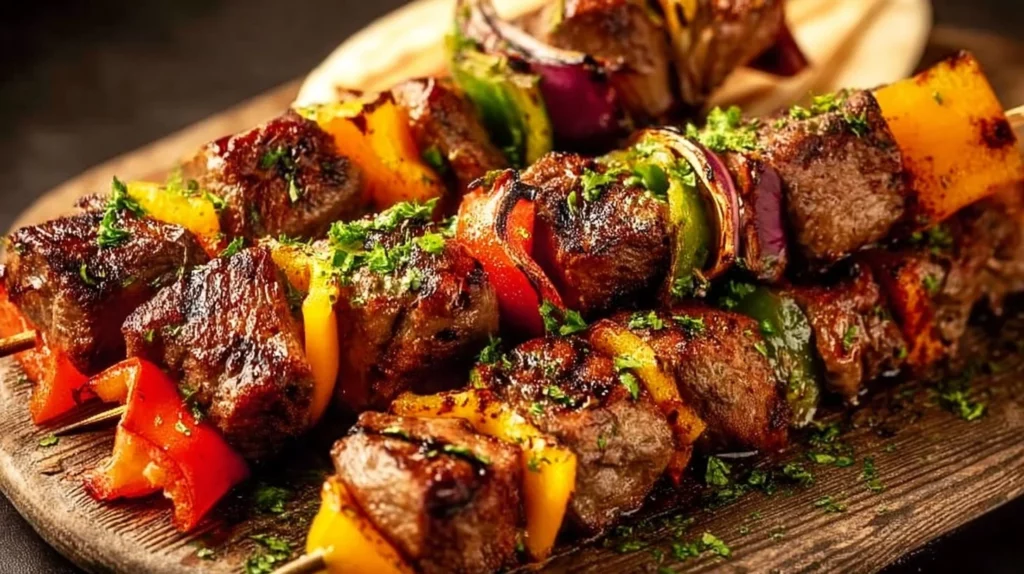 Delicious street-style beef kabobs grilled on skewers ready to serve.