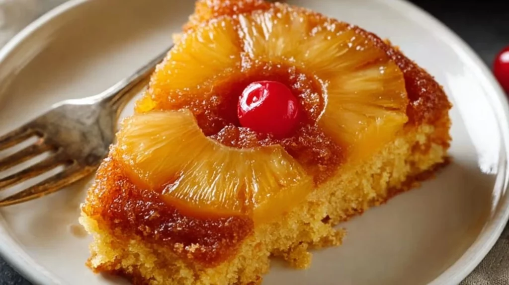 Slice of sugar-free pineapple upside down cake served on a plate