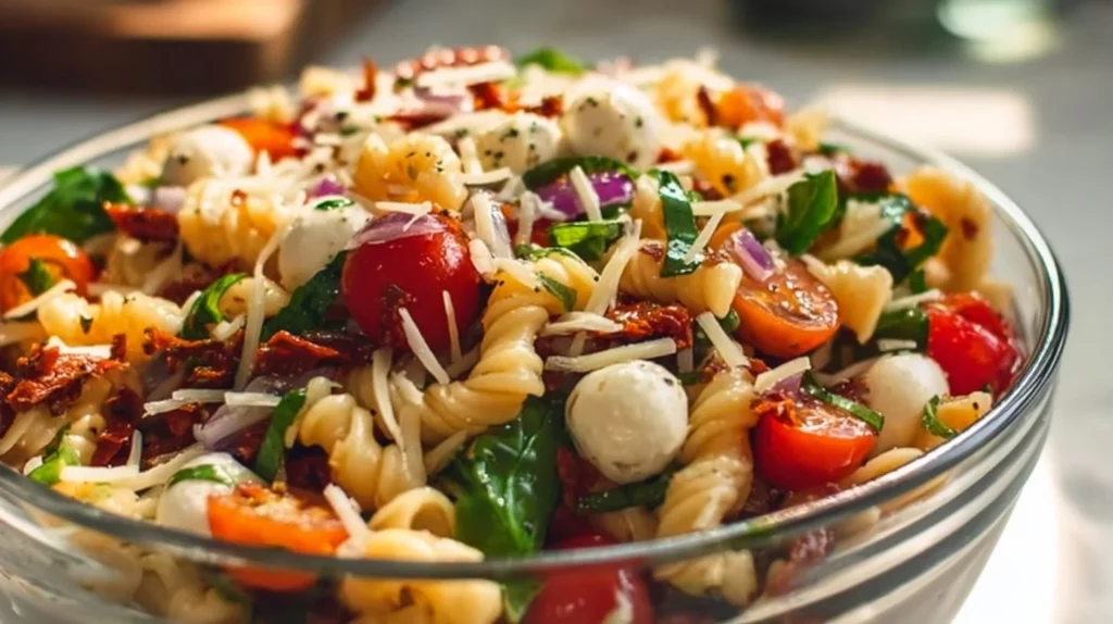 Delicious sun dried tomato pasta salad with fresh vegetables and herbs