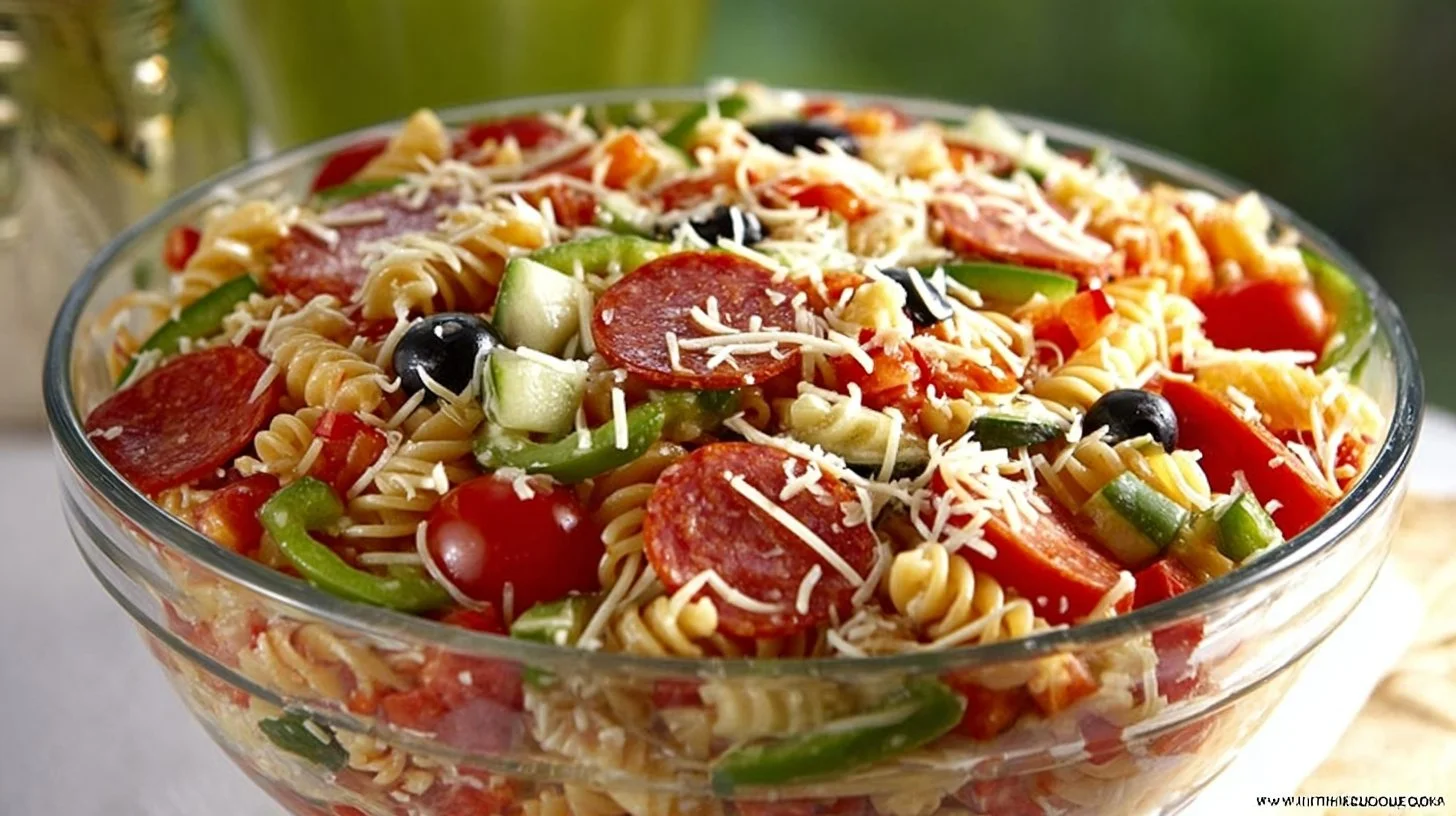 Colorful Supreme Pasta Salad with fresh vegetables and dressing