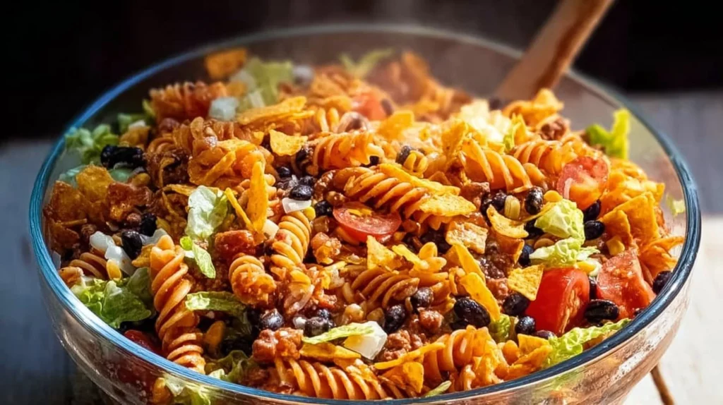 Delicious Taco Pasta Salad with colorful ingredients and toppings