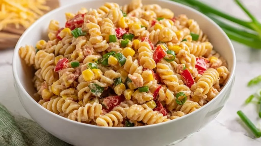 Colorful Taco Pasta Salad with fresh vegetables and toppings
