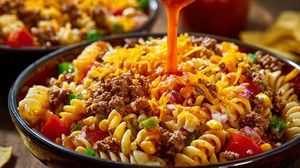 Delicious Taco Pasta Salad with colorful ingredients and dressing