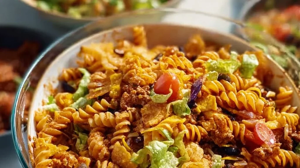Colorful Taco Pasta Salad with fresh vegetables and toppings in a bowl.
