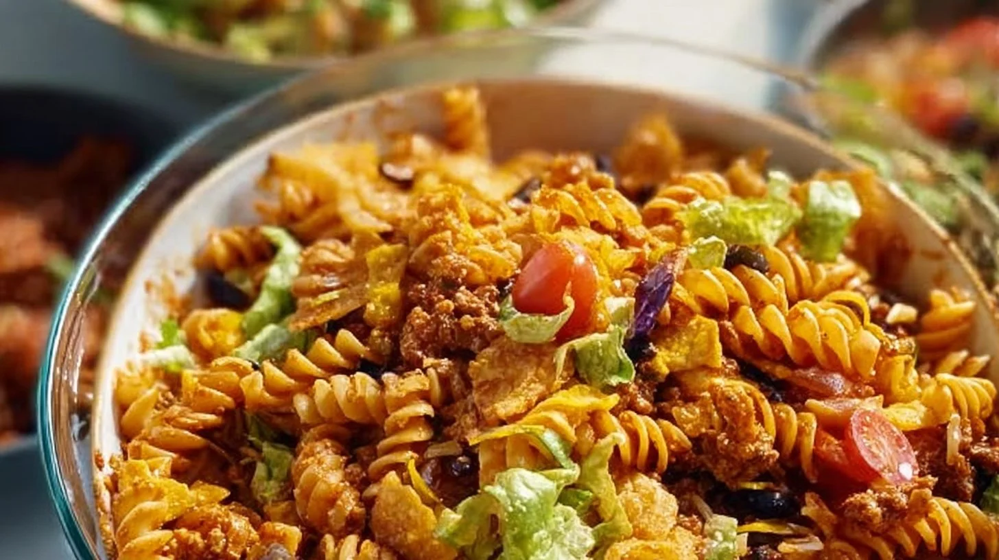 Colorful Taco Pasta Salad with fresh vegetables and toppings in a bowl.