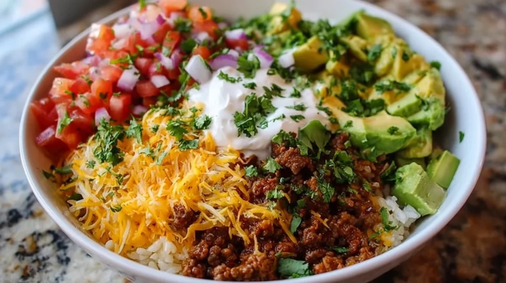 Taco Rice Bowl with beans, cheese, and fresh toppings in a vibrant bowl