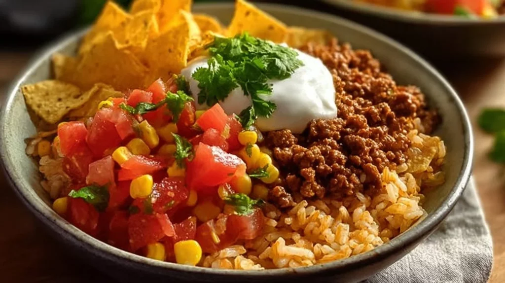 Taco Rice Bowl topped with crunchy Doritos for a flavorful twist.