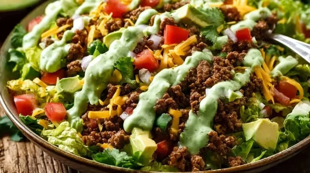 A colorful taco salad with fresh vegetables, ground beef, and tortilla strips