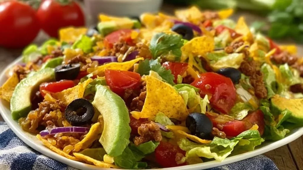 Colorful and appetizing taco salad served in a bowl with fresh ingredients.