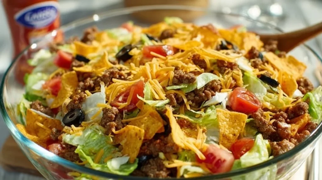 Delicious Taco Salad topped with Catalina dressing and fresh ingredients