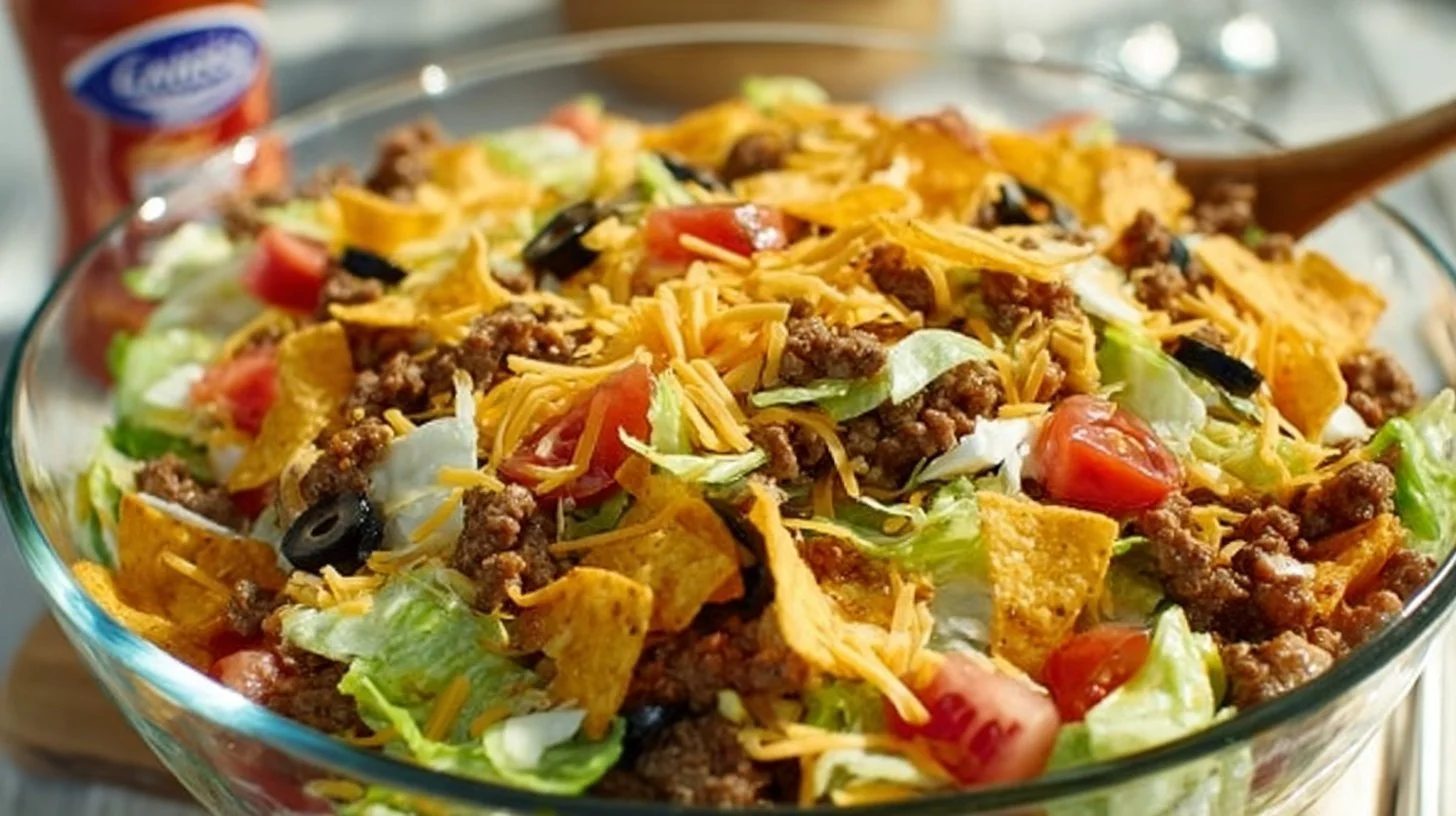 Delicious Taco Salad topped with Catalina dressing and fresh ingredients