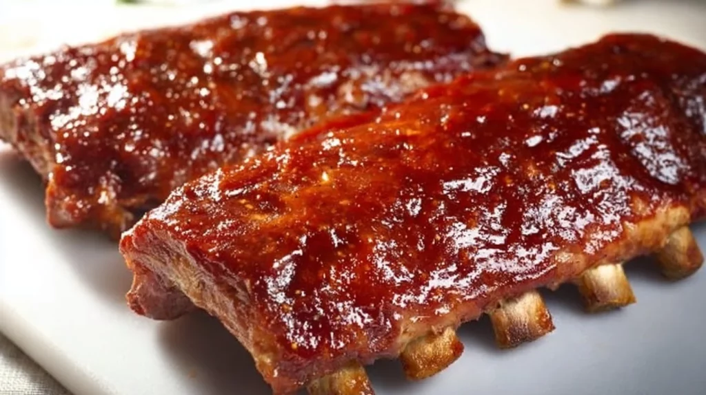 Tender oven-cooked ribs served on a plate with sauce and sides