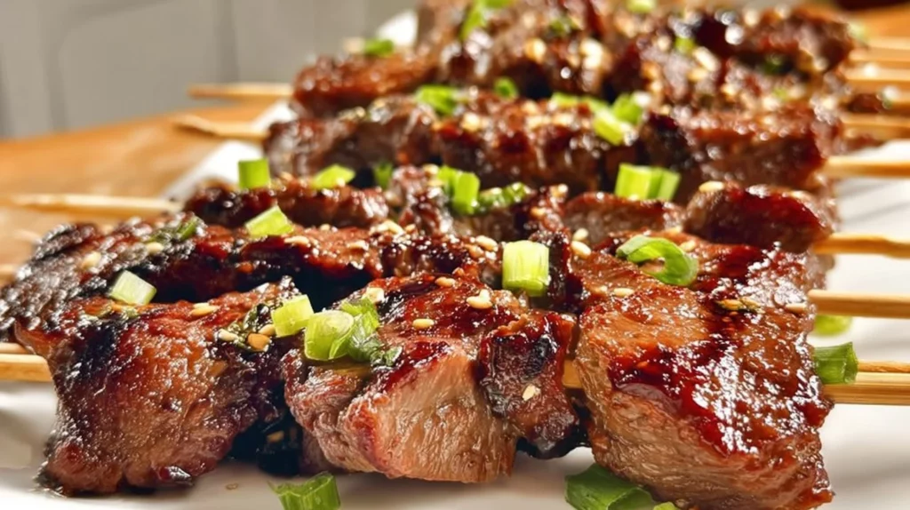 Juicy Teriyaki Beef Skewers grilled to perfection with vegetables