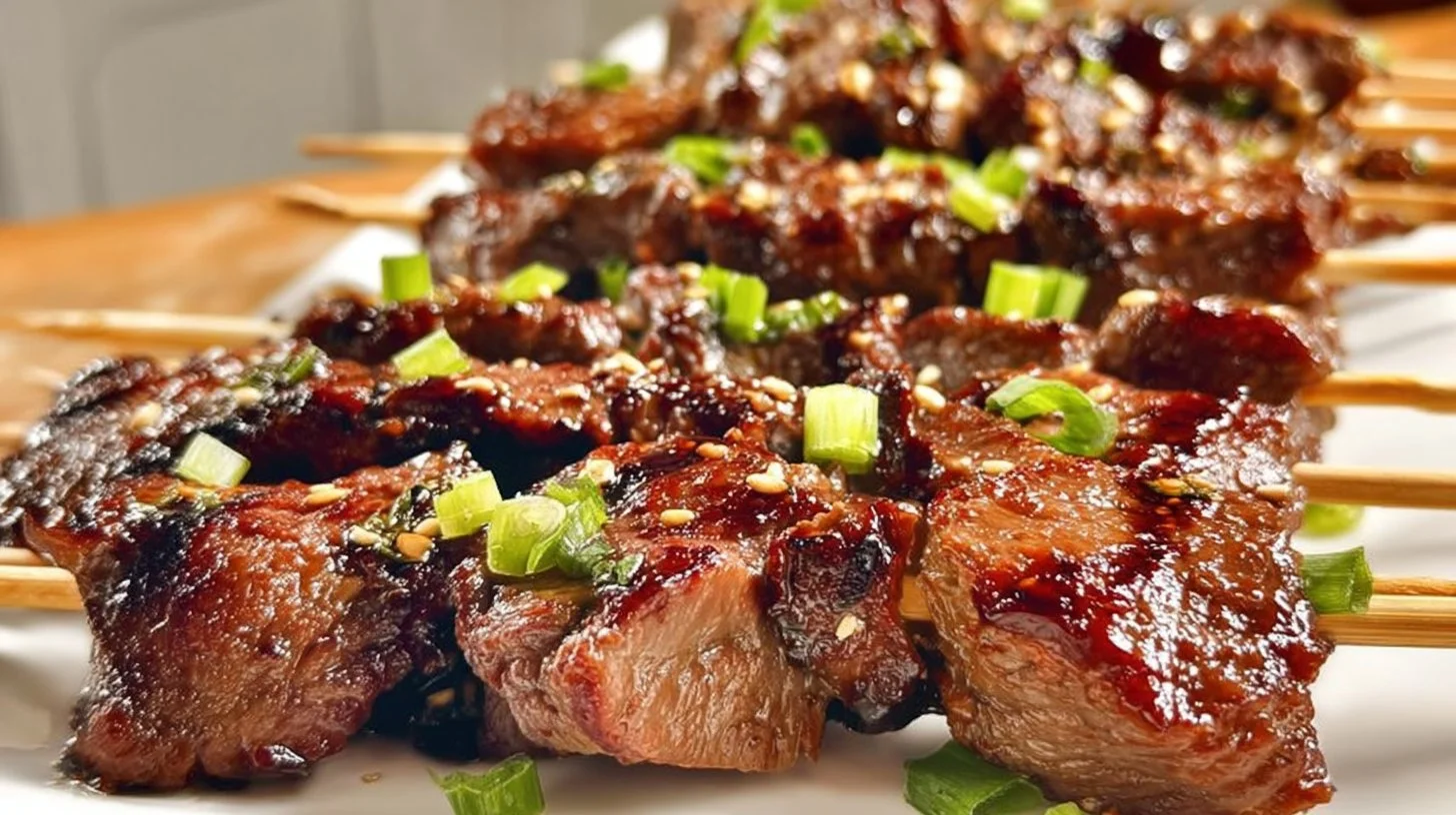Juicy Teriyaki Beef Skewers grilled to perfection with vegetables