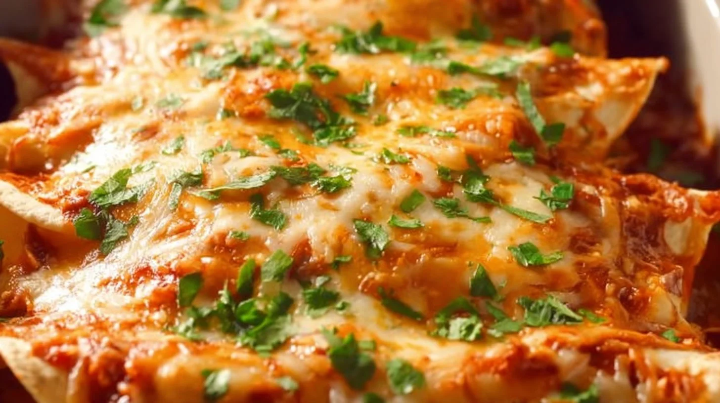 Delicious homemade chicken enchiladas topped with cheese and sauce