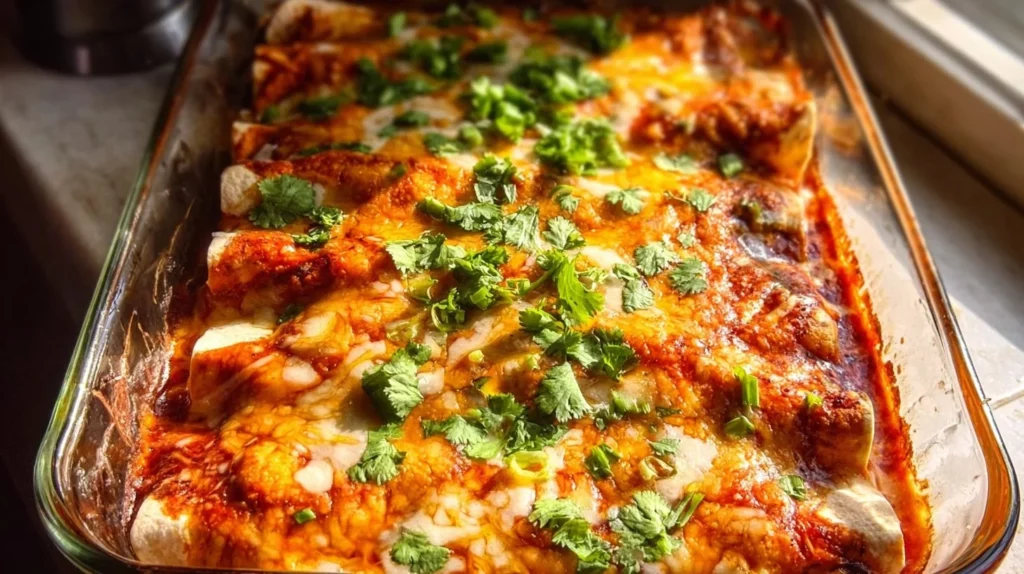 Delicious chicken enchiladas topped with cheese and salsa on a plate