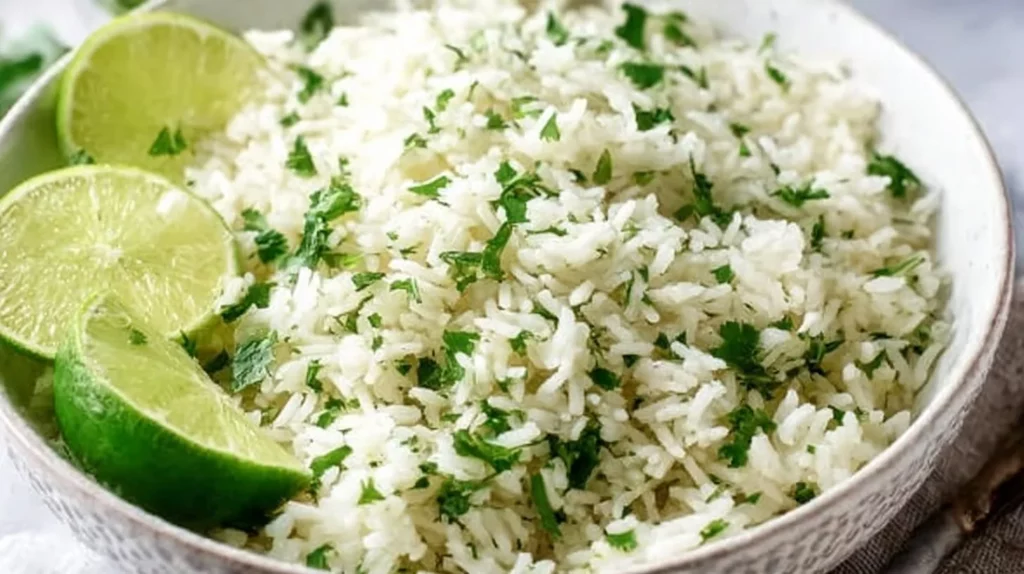 Bowl of cilantro lime rice garnished with fresh cilantro and lime wedges