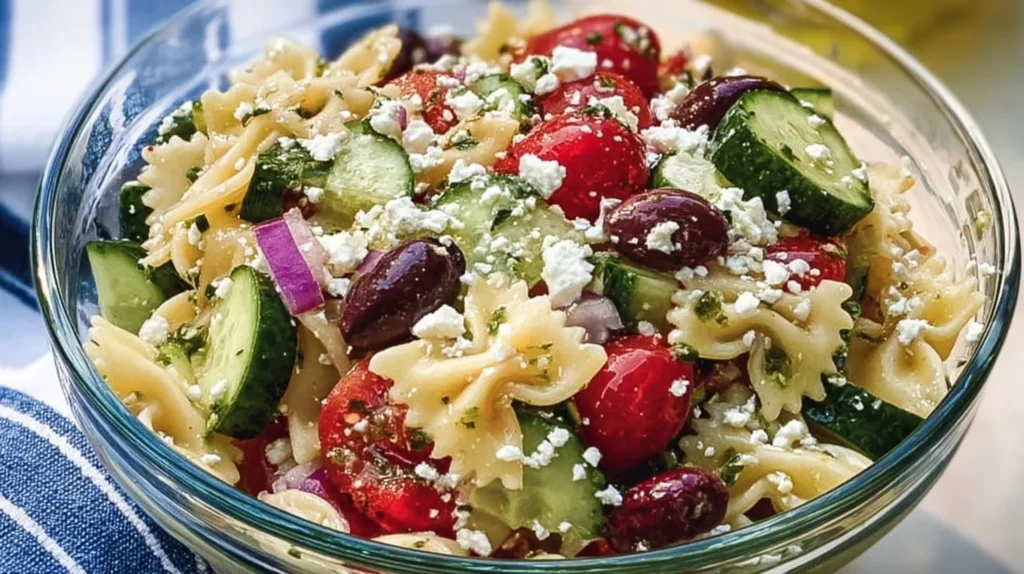 Delicious Greek Pasta Salad with fresh vegetables and feta cheese