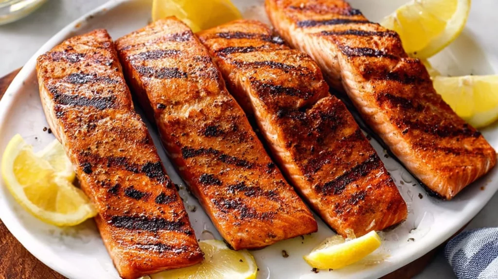 Delicious grilled salmon served with fresh herbs and lemon slices