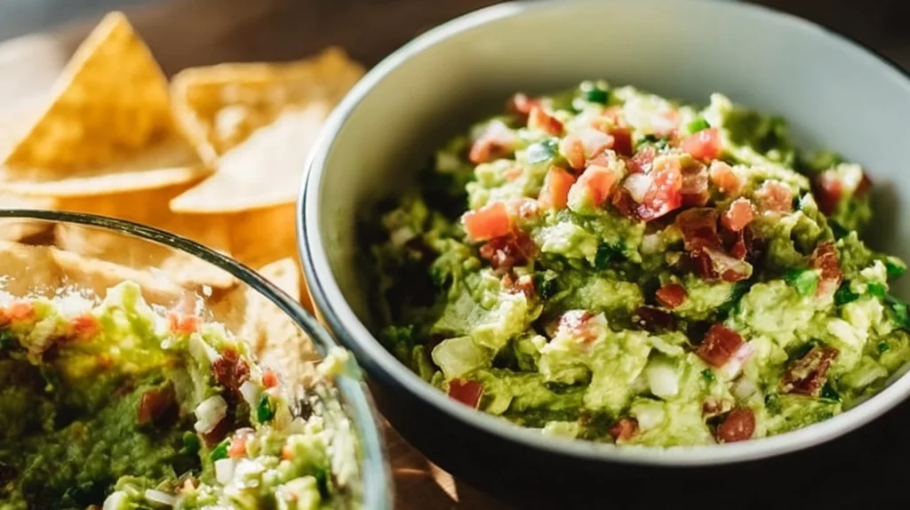 Bowl of the best homemade guacamole with fresh avocados and spices.