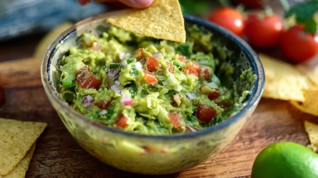 Bowl of simple guacamole made with ripe avocados and spices