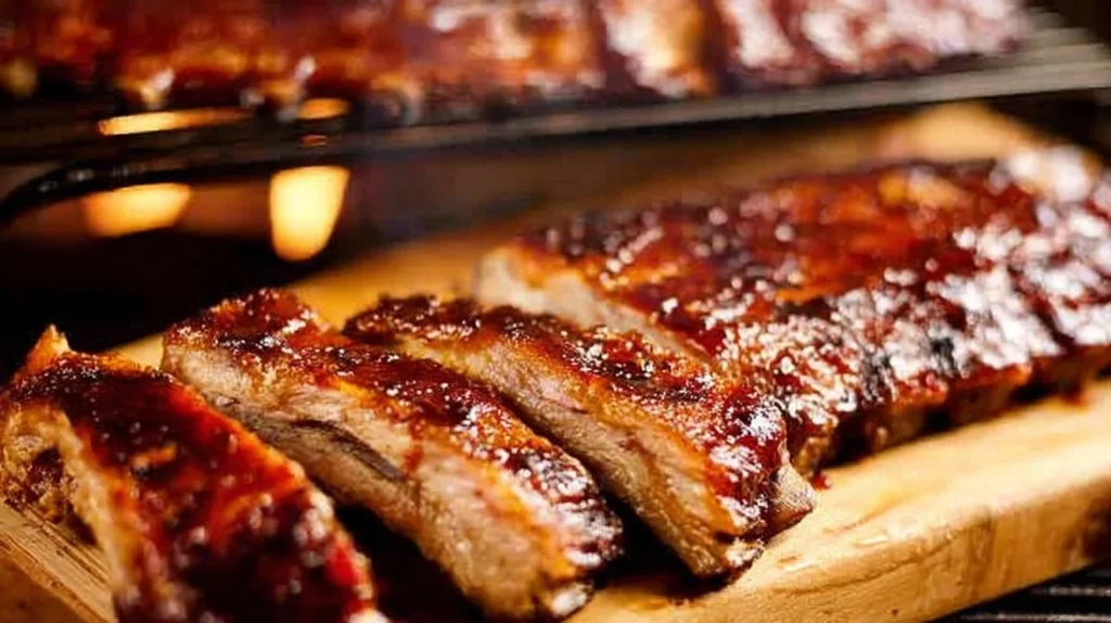 Delicious BBQ Baby Back Ribs served on a grill with a side of coleslaw