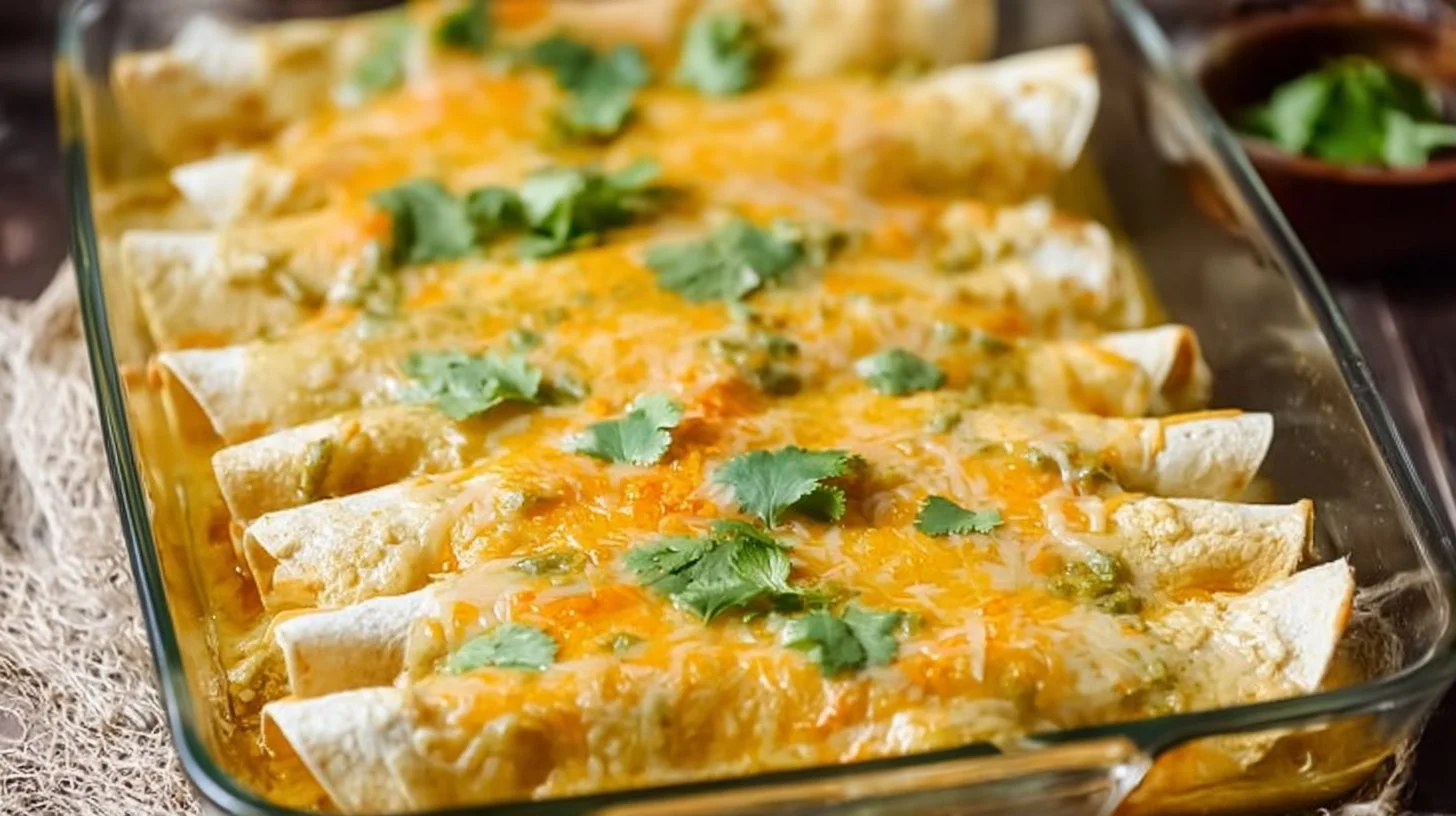 Delicious Green Chile Chicken Enchiladas topped with cheese and fresh herbs