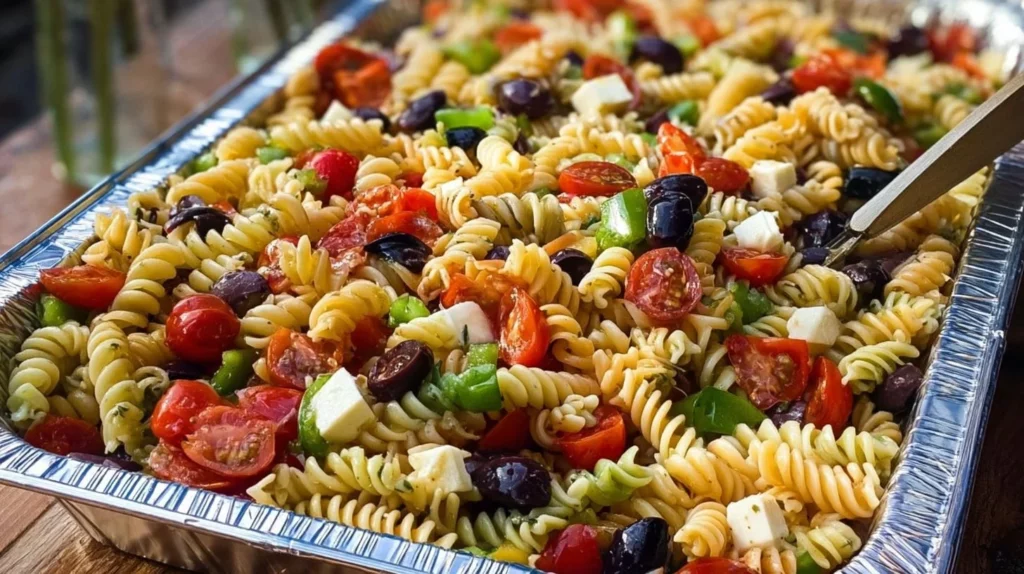 Tri-colored rotini pasta salad with tomatoes, olives, cheese, and bell peppers.