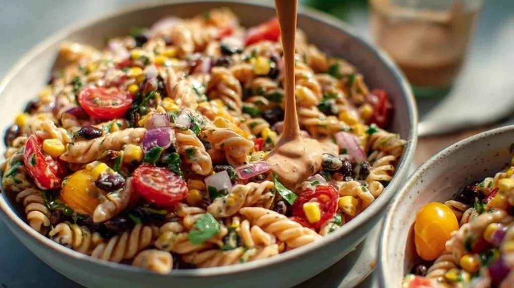 Colorful Vegan Southwest Pasta Salad with fresh vegetables and a zesty dressing.
