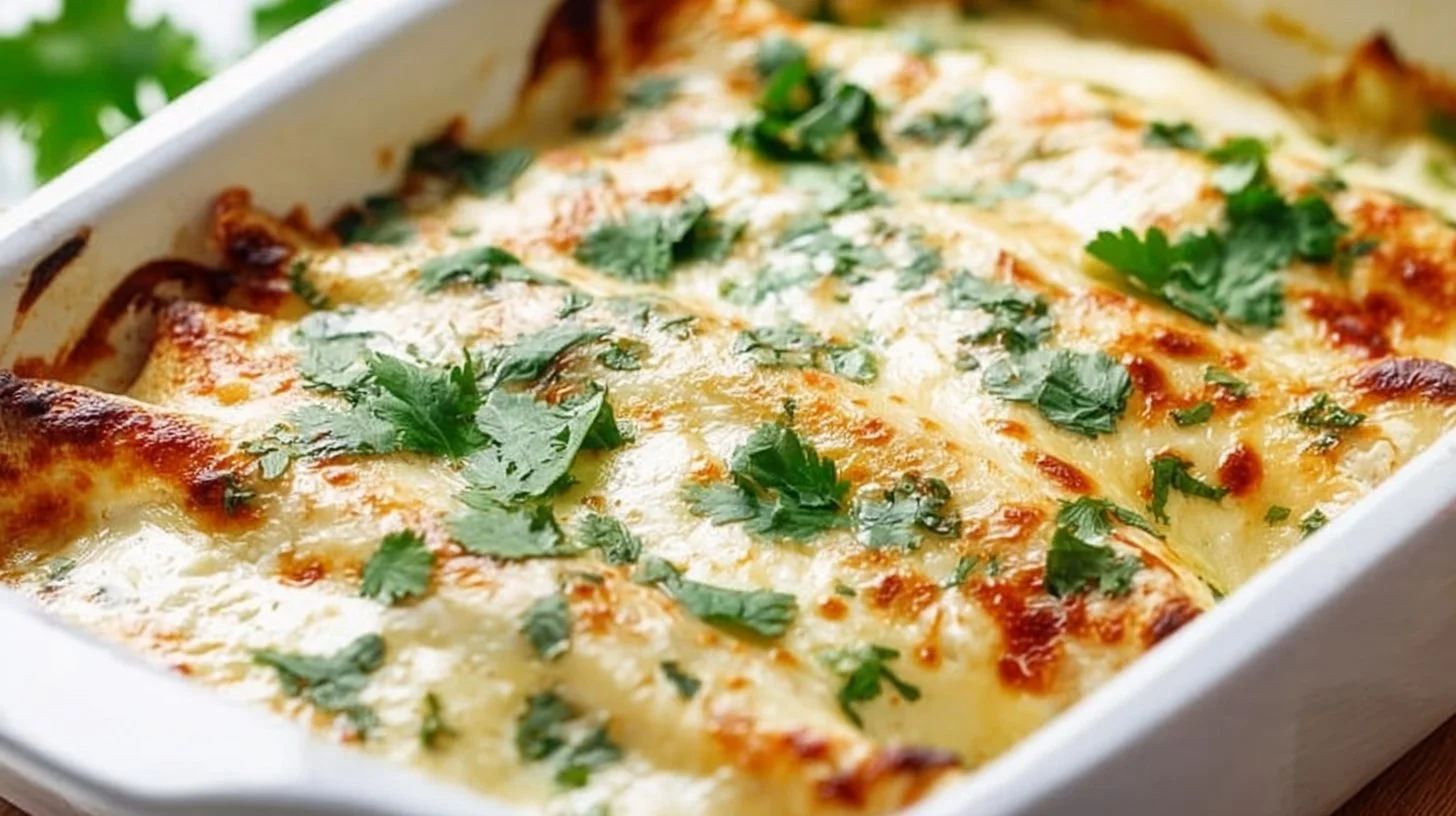 White Chicken Enchilada Casserole topped with melted cheese and garnished with cilantro.