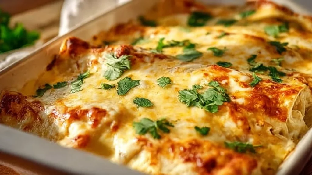 Delicious White Chicken Enchilada Casserole topped with melted cheese and cilantro