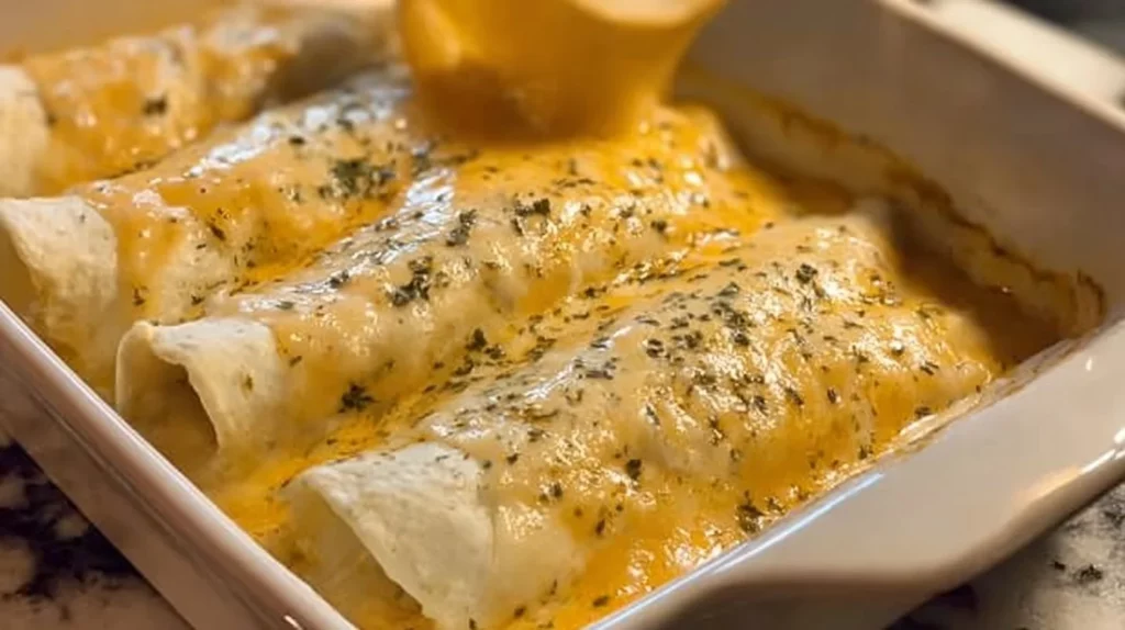 Delicious white chicken enchiladas topped with creamy sauce and garnished with cilantro