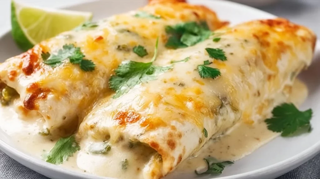 Delicious white chicken enchiladas topped with creamy sauce and cheese