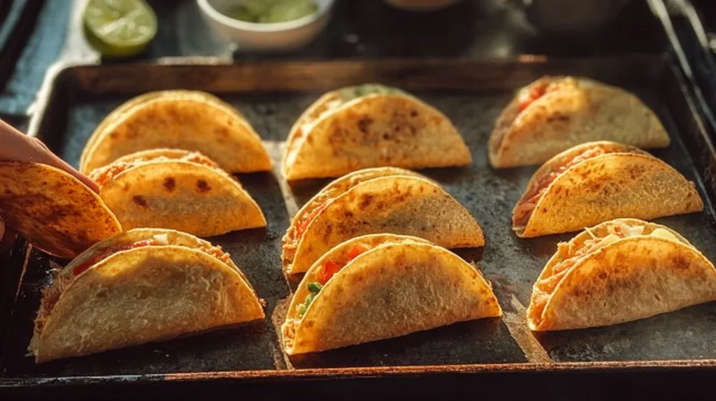 Delicious baked chicken tacos served in a crispy shell with toppings