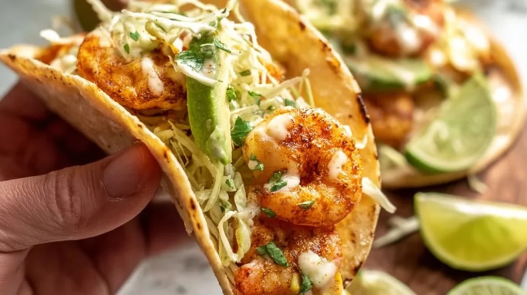 Plate of delicious 30-minute shrimp tacos topped with fresh veggies and salsa