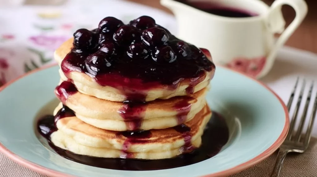 5 minute homemade blueberry syrup pouring over pancakes