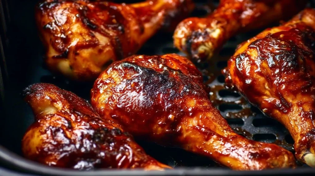 Crispy Air Fryer BBQ Chicken Legs on a plate garnished with herbs