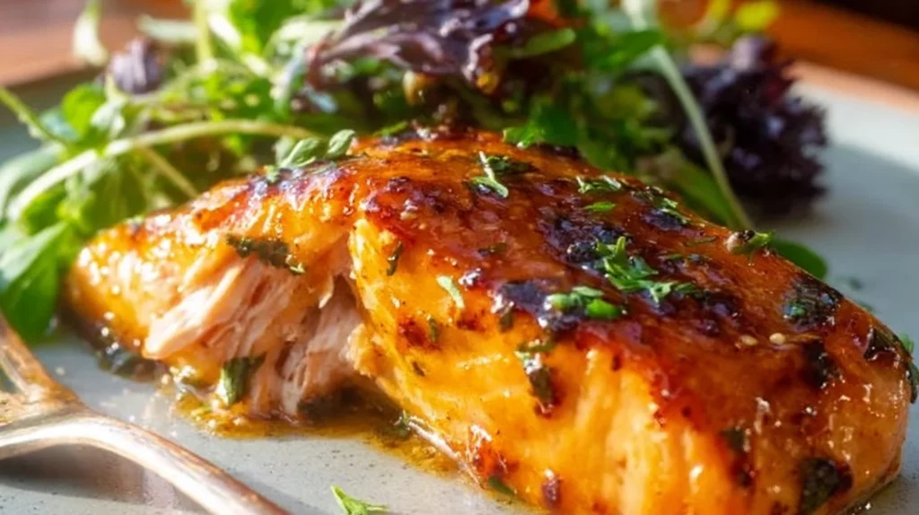 Air fryer honey mustard salmon fillet with a crispy glaze