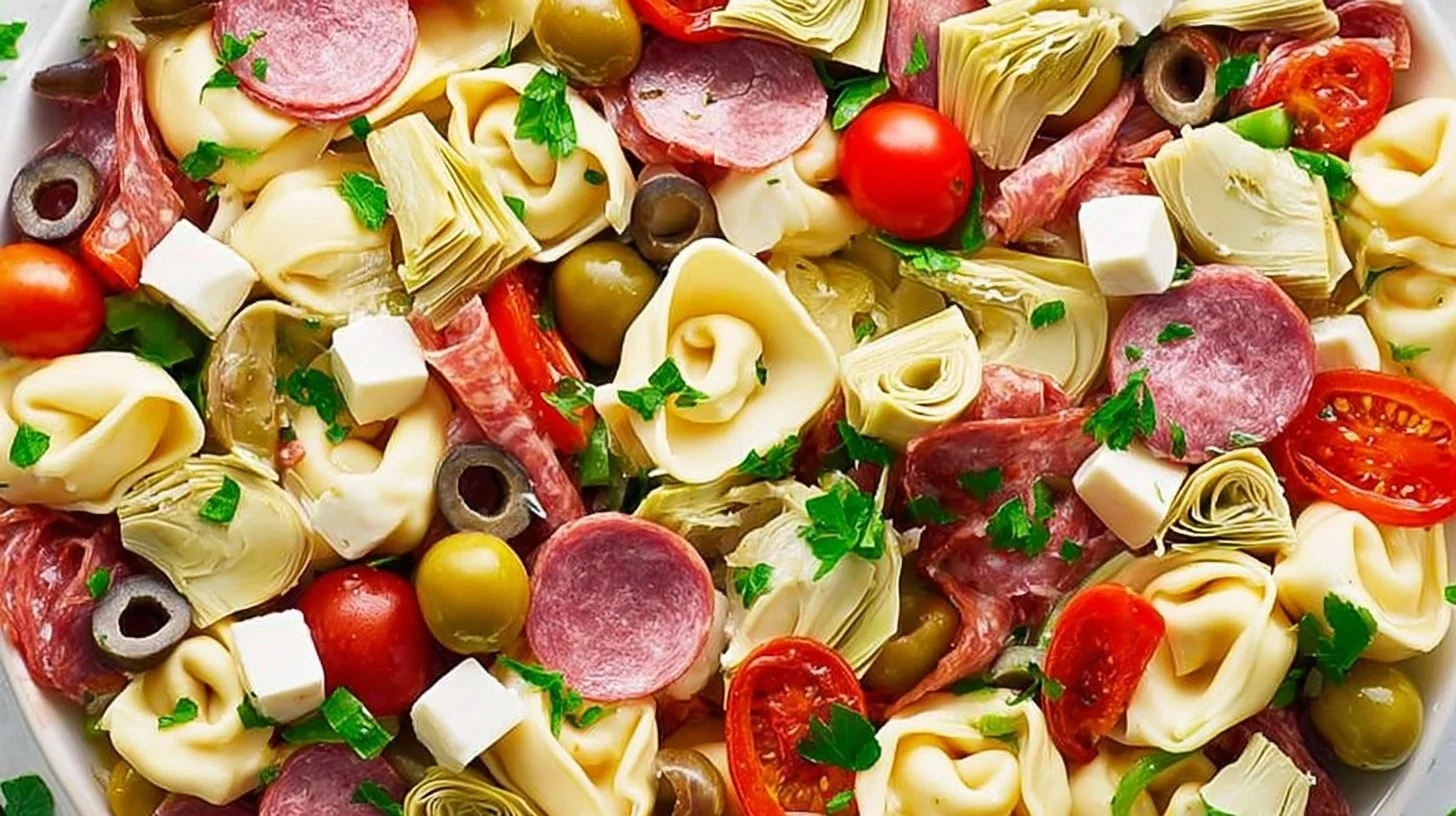 Colorful Antipasto Tortellini Pasta Salad with fresh ingredients and herbs