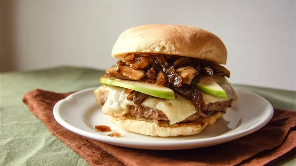 Juicy apple turkey burgers on a plate with fresh toppings