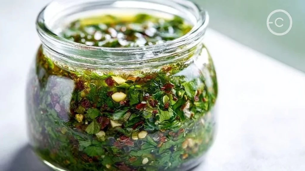 Homemade Argentinian Chimichurri Sauce in a vibrant green bowl
