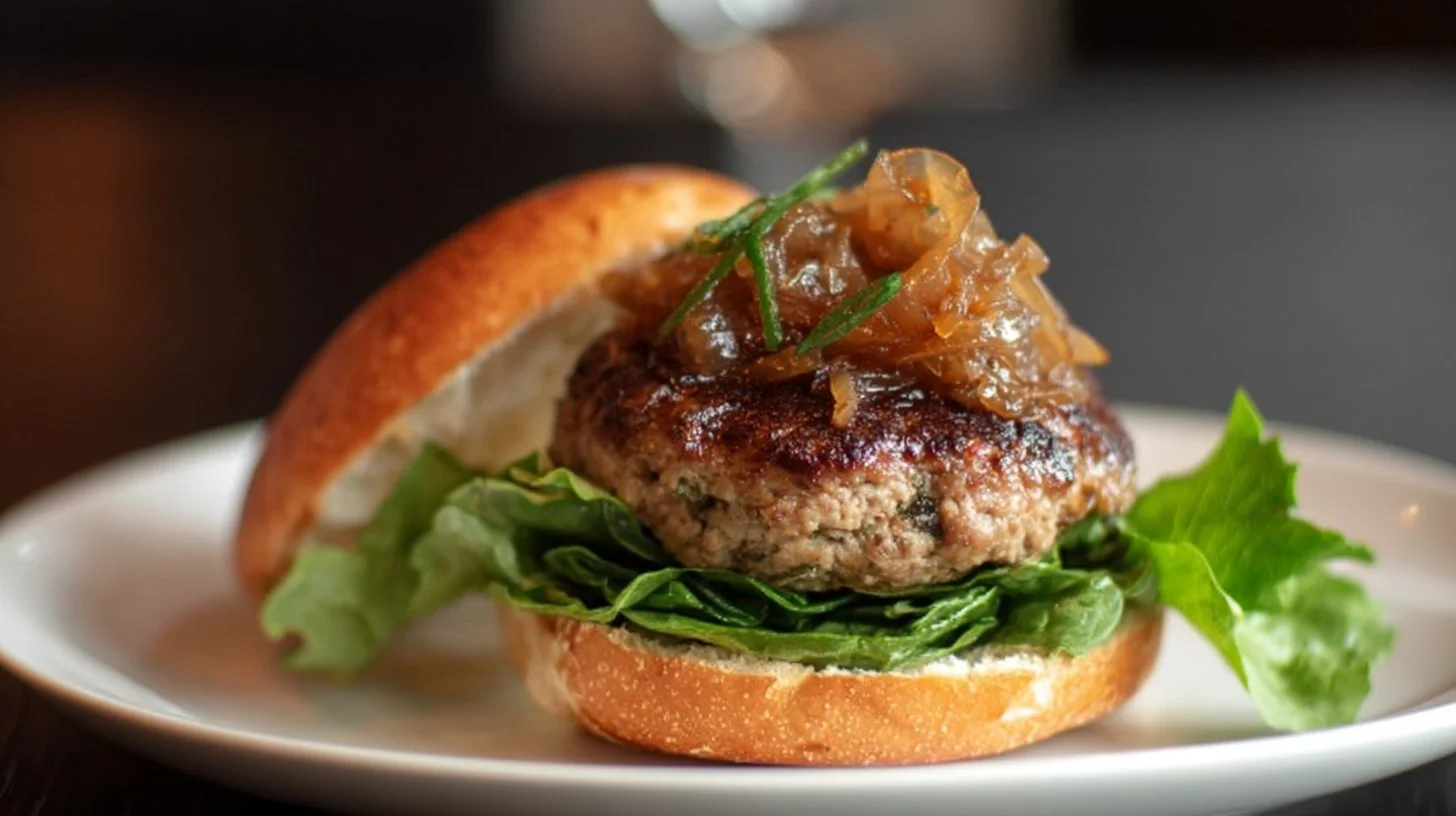 Arugula and apple turkey burgers on a plate with fresh ingredients
