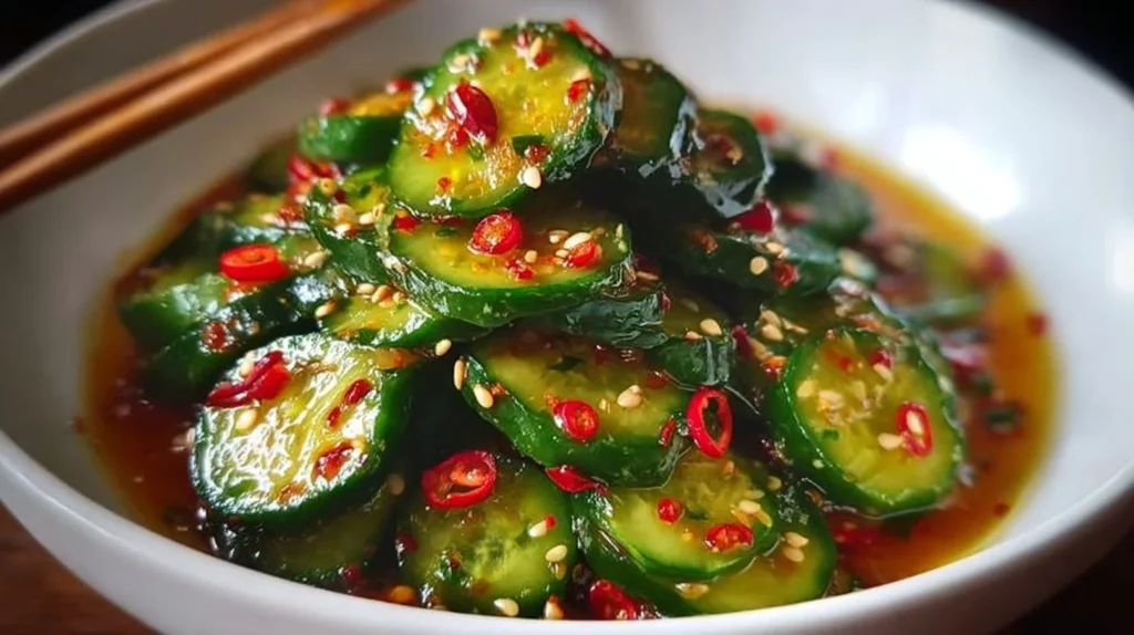 Colorful Asian cucumber salad with fresh vegetables and dressing