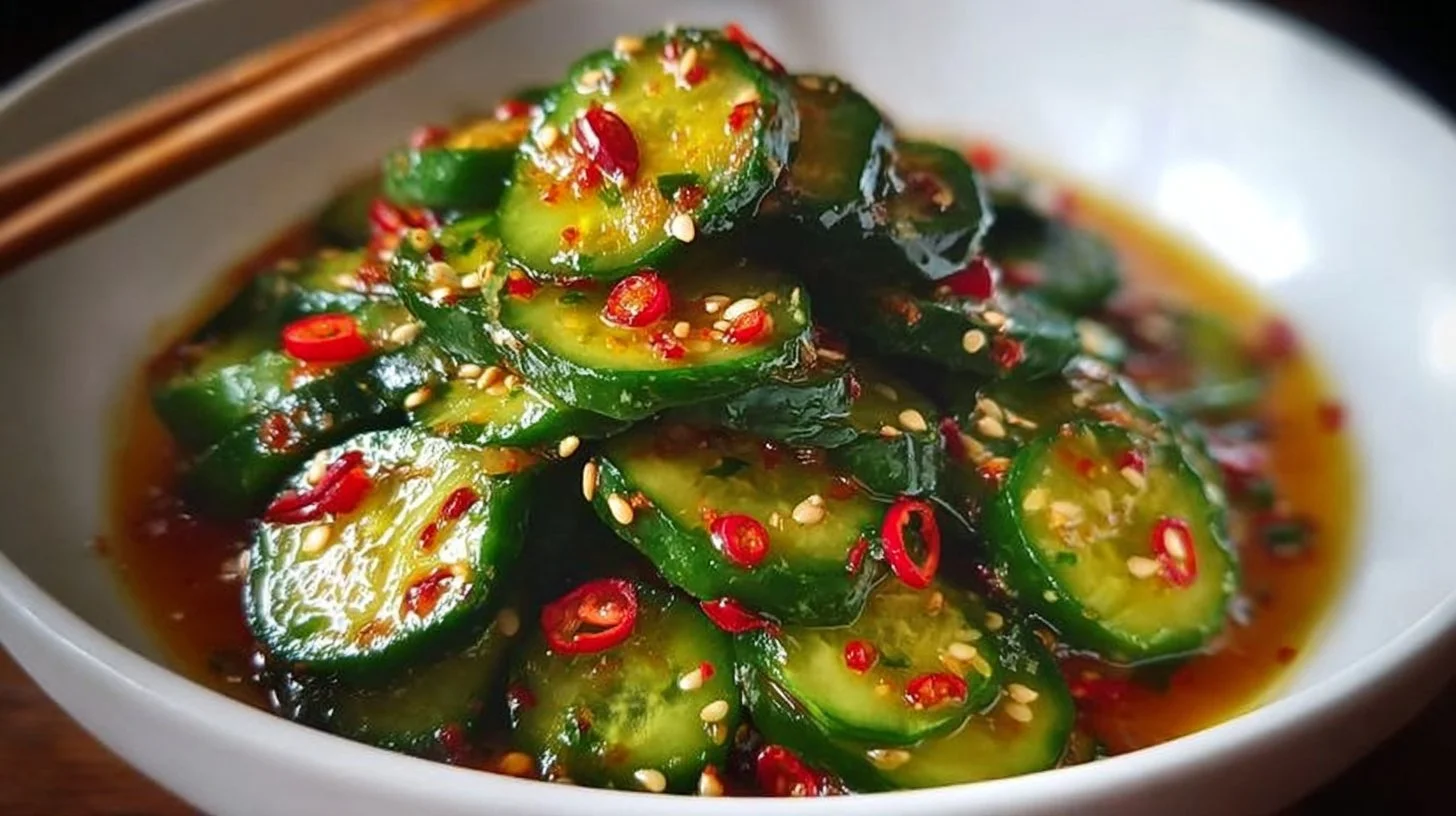 Colorful Asian cucumber salad with fresh vegetables and dressing