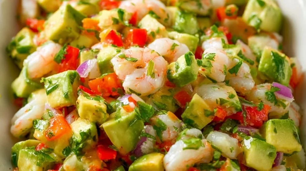 Delicious Avocado Shrimp Salsa served in a bowl with ingredients around.