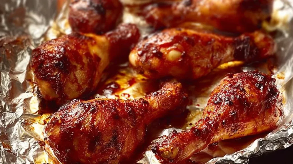 Baked BBQ chicken drumsticks on a plate garnished with fresh herbs
